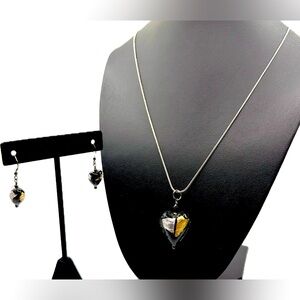 Elegant Heart Murano Glass Pendant Necklace & Earring Set, Good Vintage Cond.